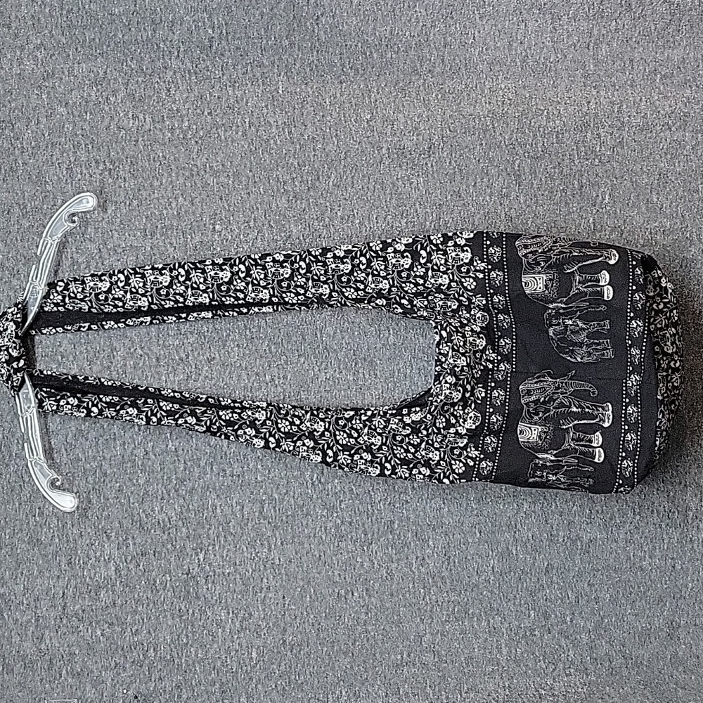 100% Cotton Lightweight Cloth Crossbody Bag Tote Elephant & Floral Design B&W
